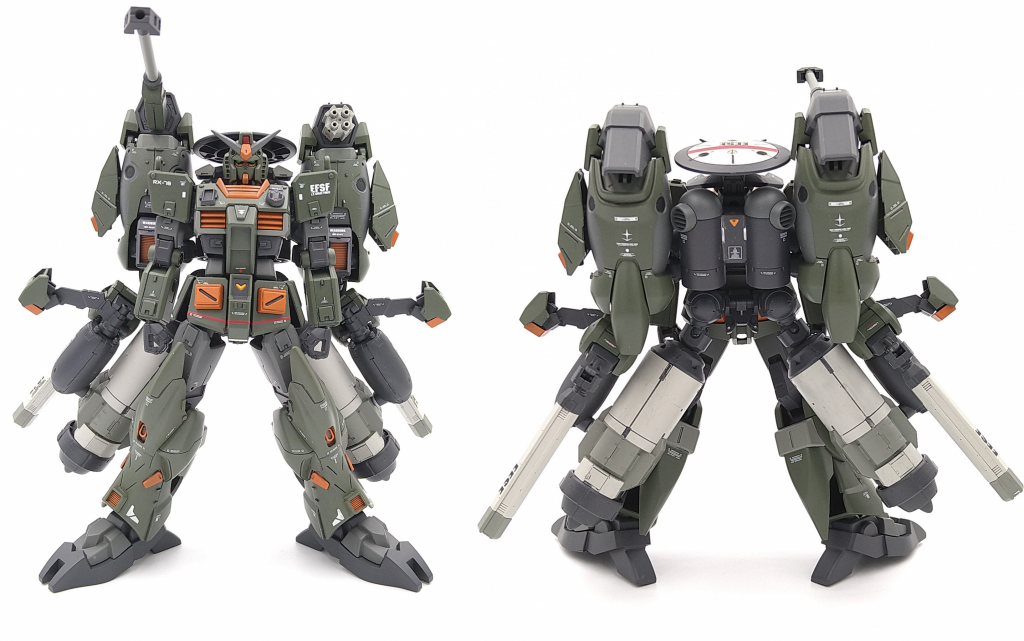 ■フロント&リア膝から下はフェイクνガンダムを使用しています。ポルタやプラサポ等のパーツを組み合わせてEGの太ももと間接に接続できるように組み合わせました。バックパックはシエルノヴァのものをベースにエルドラブルートとガンキャノンのバックパックをプラサポとボルアムで接続しています。
