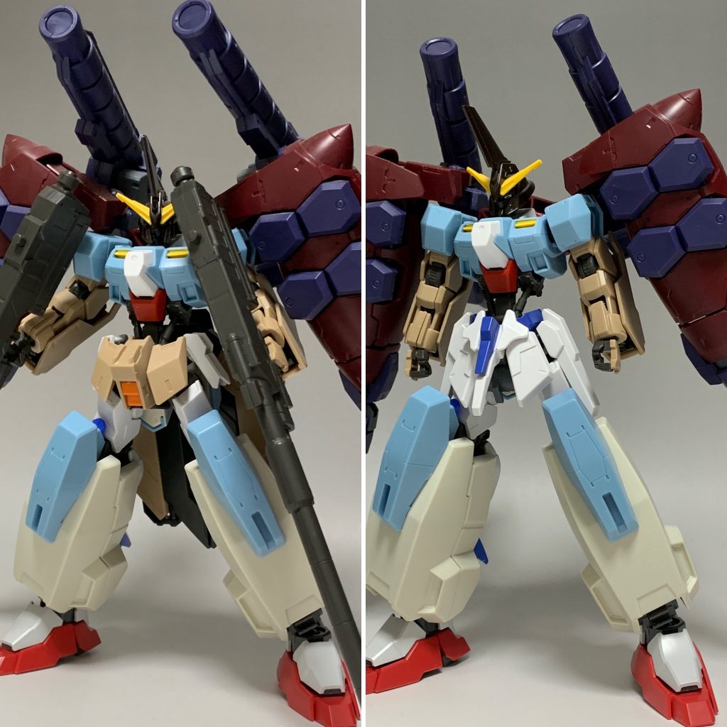 シルエットは当初より固まっており、背部の肉付けに苦労しました😅あとは腰部をライトニングZに変えたことで胴体が長く見えるようになり、これは大成功だったなと思ってます🥳この頃は滑空砲×2でいこうと思ってましたがボリュームが足らず没案となりました