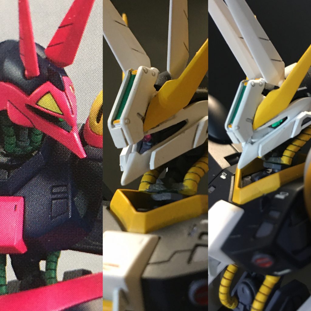 トサカをヘイズルから流用してアンテナはドライグヘッドのビームアンテナを削り込みました。頬はユニコーンのシールドのパーツです。ツインアイはバイザーにしてあるのでバイザーを取ればモノアイに戻ります。モノアイもクリアピンクのパーツに置き換えてあります。