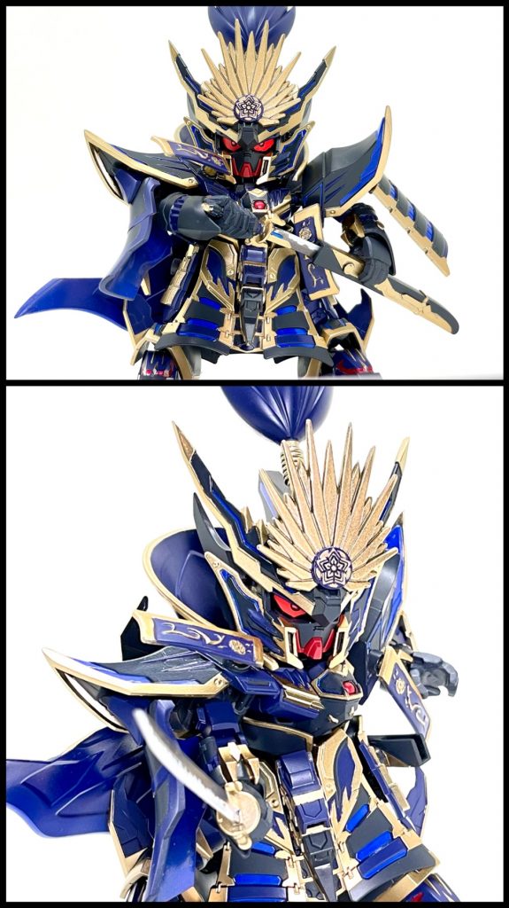 抜刀ポーズ。左右のハンドパーツの指をエポパテで作り直し、右手は自然な角度で刀を握れる様に、左手は鞘を持てる様にしてます。