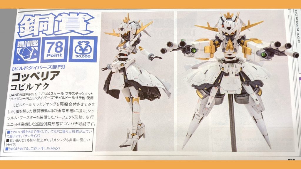 第24回オラザク選手権ビルドダイバーズ部門で銅賞GET! うぇ~いちなみに・ワイは10枚画像をWEB経由で応募派よ (冊子とか説明のプレゼン資料が戦力の決定的差ではない…らしい)・通知は特になかった。発売日前日に見本誌が来て知る。 (撮影のある大賞クラスはさておき、直前までワクワクできるのか)