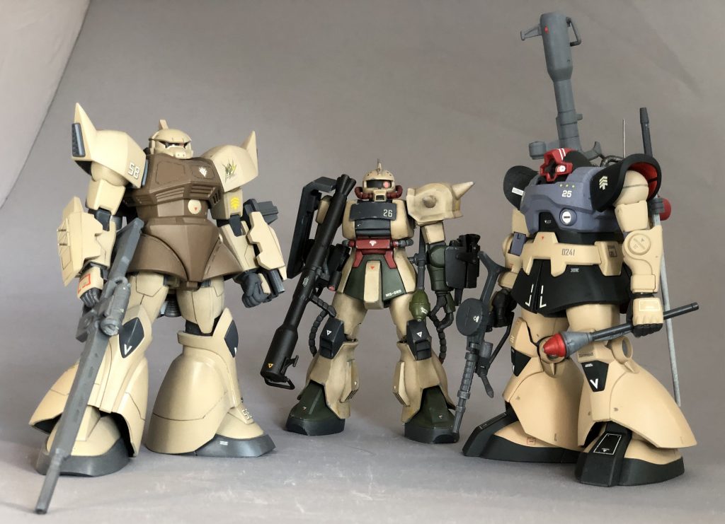 ゲルググG型、D型ドムと頼もしい部下たちです。