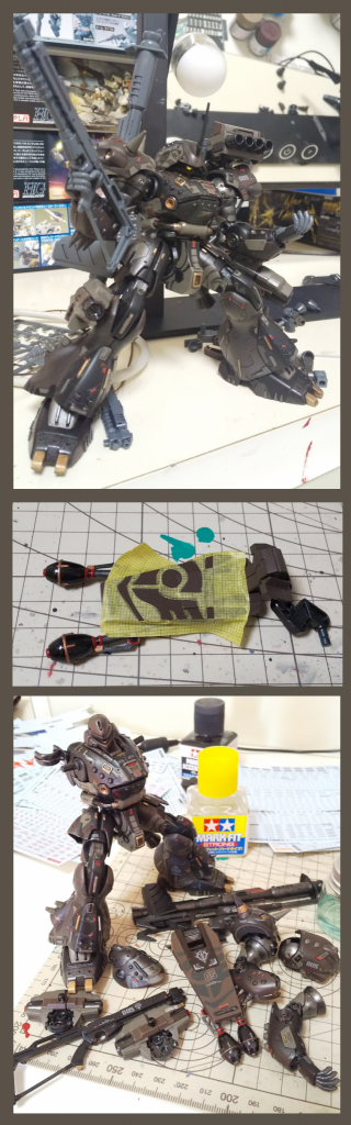 制作中。この後つや消しと間違えて白のサーフェイサーを吹いてしまい大惨事に・・・元には戻らないのでウェザリングで誤魔化し・・いや、リカバーを。失ったものは大きかったですが、得た経験と予想外の仕上がりで相殺、いやプラスになった気がします。