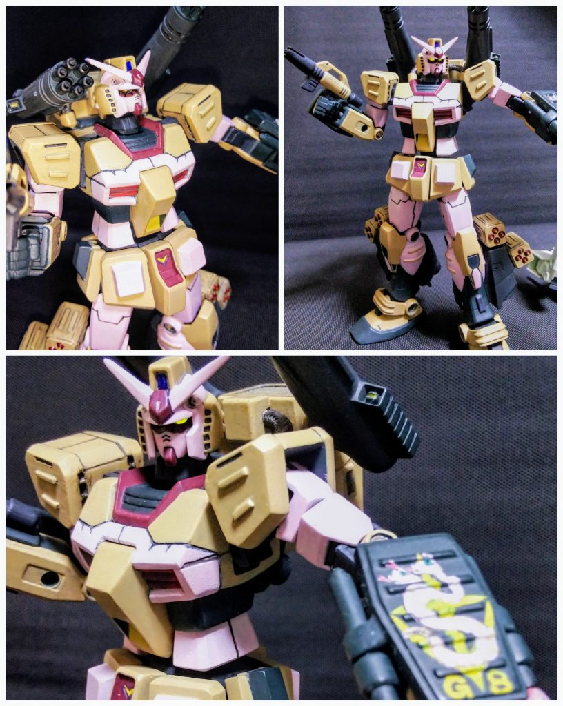 各アングル。バックラーシールド左側のパーソナルマーキングはサイドワインダー(ヨコバイガラガラヘビ)で連邦マークに双頭のガラガラヘビが絡みついた物をデザインしてみました。G8はガンダム8号機の事です。