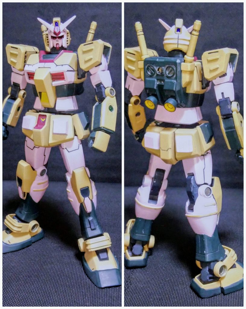 武装無しの状態で前後アングル。砂漠戦仕様なのでサンドカラーでピンクとイエローを使い、オリジナルの配色で塗装してみました。肩アーマー、コクピットブロック、ふんどし基部、ランドセルにFGのパーツを使い改修しています。各関節はポリパーツを仕込み、緩みヘタリ調整をしています。