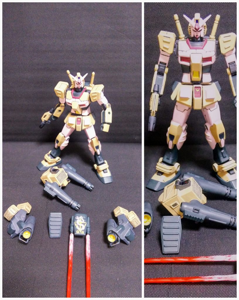 各種武装。全て取り外し可能です。ガトリングユニットとバックラーシールドはポリパーツ、脚部ユニットはネオジム磁石で着脱可能としています。