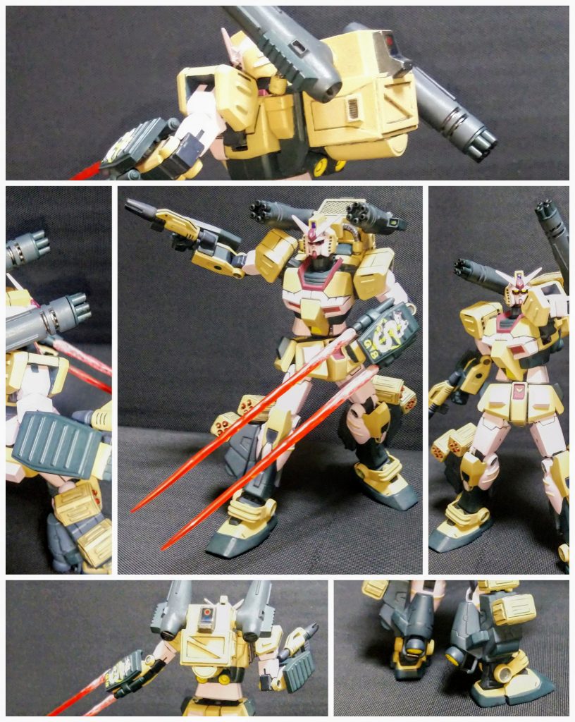 各アングル。ツインアイはクリアパーツ化して有り、ガトリングユニットにボタン電池を仕込み、ランドセルとの配線接続はコネクタ式になっていて、スライドスイッチにて点灯します。