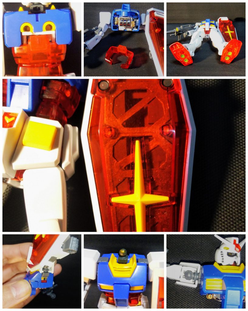 Ver.1.0よりも発光ユニットの組み込みがスッキリしていて解り易くなっています。LEDの組み込みはボールジョイント一体式となっていて首可動も安心なように作っています。肩ボールジョイントはVer.1.0同様に加工して更に画像を良く見ると解るのですが、ボールの中心に真鍮線を差し込みして抜け止め加工をしています。シールドはそのままの作りだと白い成型色のせいでクリアレッドが他のパーツより明るくなり過ぎるので、内部にグレーを塗装、構造材をプラ版で作り焼鉄色に塗った物を両面テープで貼って組み立てしています。メカニックモデル風で良いアクセントになったと思います。 