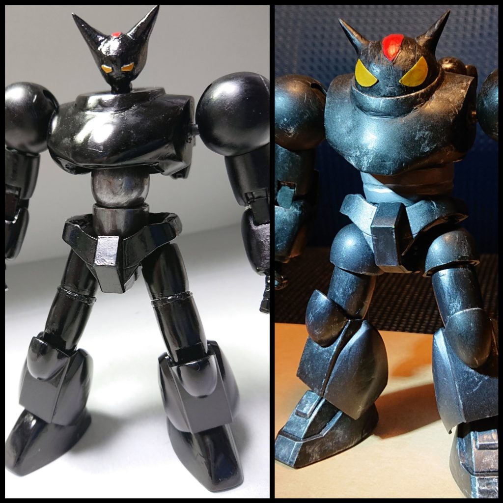 改修箇所(表)・頭部、、、リゼル(角はブラックモックスから流用)。・腕、、、Oガンダム(エポキシパテで太さを調整)。・腰部、、、ゾゴックの関節ジョイントとハイモックの脚の関節パーツ。・太股部、、、細く見せるために、以前制作した「鉄人28号RR」の際に余った脚の関節パーツを使用しアルミ線接続で固定。・足、、、エポキシパテで足の出っ張り部分を消し丸く整形。塗料全体的にガンダムマーカー ブラックで塗装。部分的にイエロー、レッドを使用。腰部はガンダムマーカーEX ヘビーガンメタリックを使用。