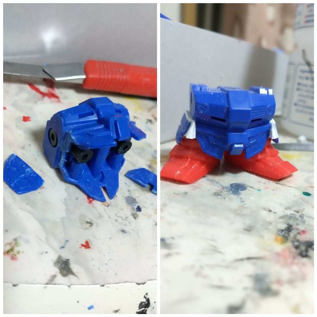 腰当て切り離してるところと、プラ板を噛まして末広がり加工後のもの。加工前はほとんど足が開かないです。