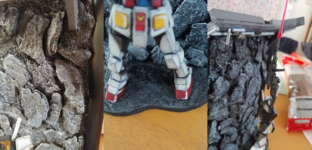 今回はジオラマにも陰影を気を付けてみました。ガンダム足元と背面の岩場は建物の影になるところには黒でドライブラシを行いました。立体感が出るように建物部は斜めに作って正面から見ても下側がっ見れるようにしてみました。100均のバーグチップは優秀でした！