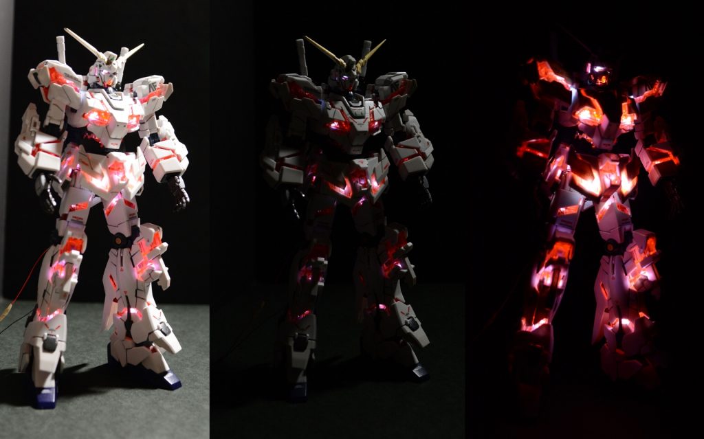 ケーブルを間接内に仕込んだりしたので、腰アーマー後ろ以外はほとんどケーブル見えないはずです。電池BOXは外に出しました。光ってるよね。