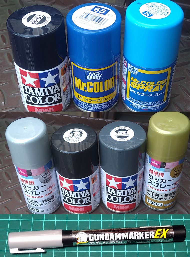 色はゲルググから増えて、ダークブルー追加。当初はインディーの代わりと思ったけど濃すぎたのでそのまま。関節部はジャーマングレー、金属はガンメタと百均の金と銀使用。小さい部分はガンダムメッキシルバー