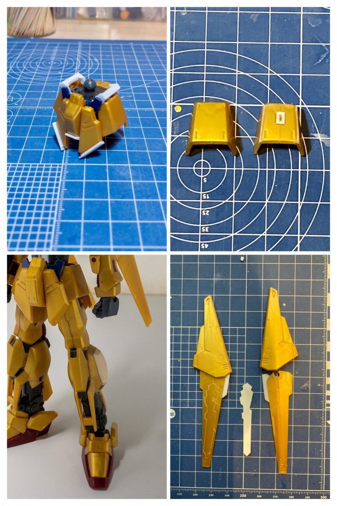 腰に新規パーツをプラ板で造形。フロントアーマーの延長。サイドスカートのディテールアップ。ふくらはぎ外側のボリュームアップ。フレキシブルバインダーにスジボリ。