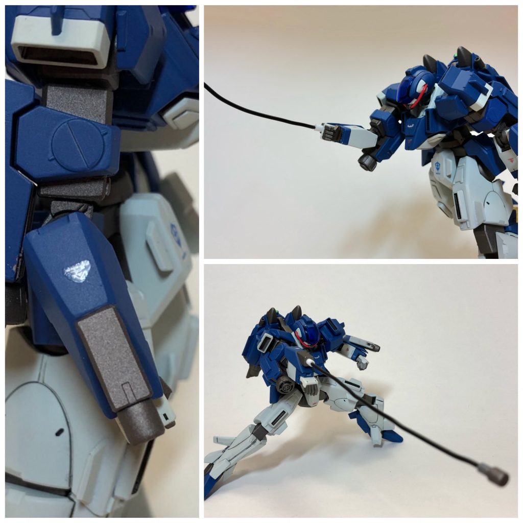 続いて右手に装備したマグネット•ハーケン。母艦や他機に曳航してもらう時に使用したり、敵機に電気を流すオプション兵装のイメージ...左手にハンドアンカーついてて右手が寂しいからなんかつけとくかぁと思い立ち、ザクマリナーの武装を参考に取り付けました。