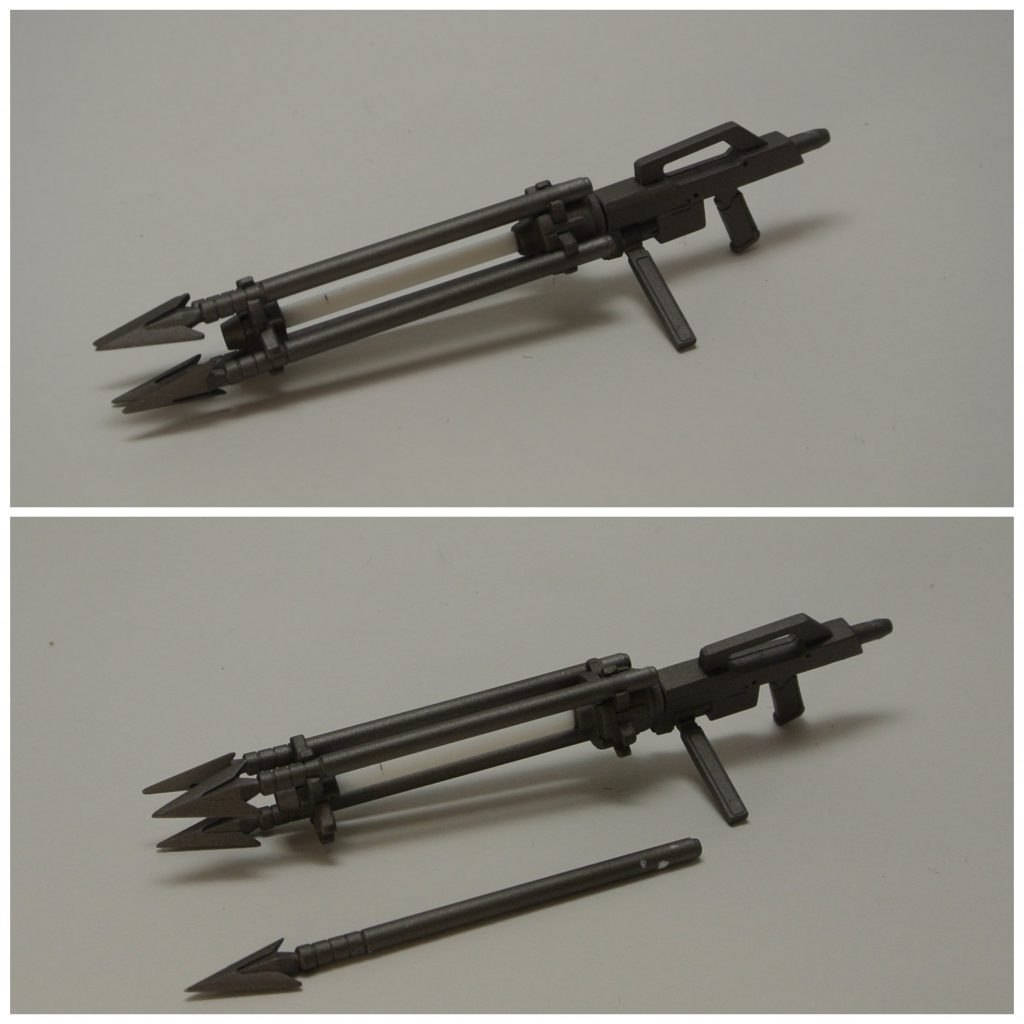 続いて武装です!まずは主武装のハープーンガン。    銛を発射する水中戦用の武器です。アクアジムの武装を手元のパーツでそれっぽく再現してみました。4つ装填されている銛は全て着脱できます。(塗装が剥げるので滅多に外しません)