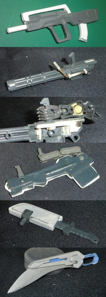 HGインパルスのライフルキャンペーンのガトリングパーツ　拳1つじゃ固定不可能なのでネオジム使用144トールギスのドーバーガンとHGフォビドゥンの接続アームコトブキヤのナイフとプラ板の鞘144ソードストライクのシュベルトゲベール,HGフリーダムのバラエーナ,HGUCフライルーの余剰パーツ