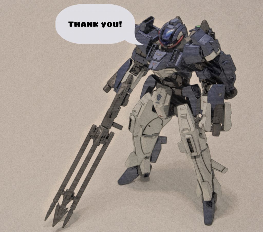 最後までご覧いただきありがとうございました!今回の作品は「AGEの連邦量産機」というテーマに沿ったものになることを念頭に置いていたため、普段は武装とか盛りがちな自分とは一風変わった作風にチャレンジできたのではないかなと思います。これからも精進して参りますのでよかったら他の作品も見てやってください!