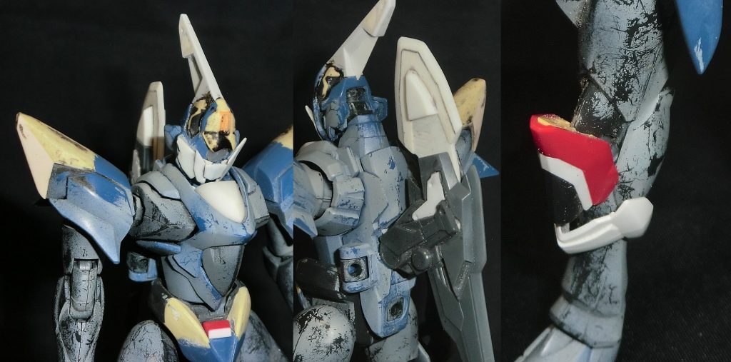 頭部：向きを変え、デスティニーのブーメランやプラ板で加工胴体：腹部には膝パーツ　背部パーツはバインダーガンを主に製作。引き延ばしでラムダドライバ発動状態も可能肩部：バスターの足の甲腰部：前部パーツを1段下げてパテで繋がっているように形状変更脚部：膝はレギルスの足先パーツを逆向きで使用