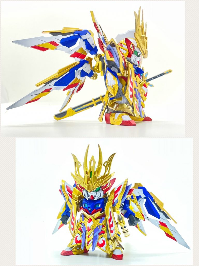 右側面とウイングを左右対称にした状態倚聖剣の鞘は、キットでは左腰とアーマーの間に追加パーツを挟んで取り付ける形でしたが、腰アーマーに直接鞘をつけれるように変更してます握り拳はビルドハンド(角指)の中サイズです。