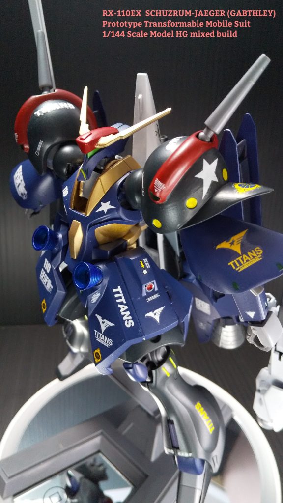 シュツルム・イェーガーといえば、渡辺和久さんの漫画に登場する機体が有名ですが、どうしてもこの名前を付けたく命名しました。形式番号も渡辺和久さんのギャンプランタイプのORX-005EXと、カブスレイ(RX-110)に因んでRX-110EXとしました。