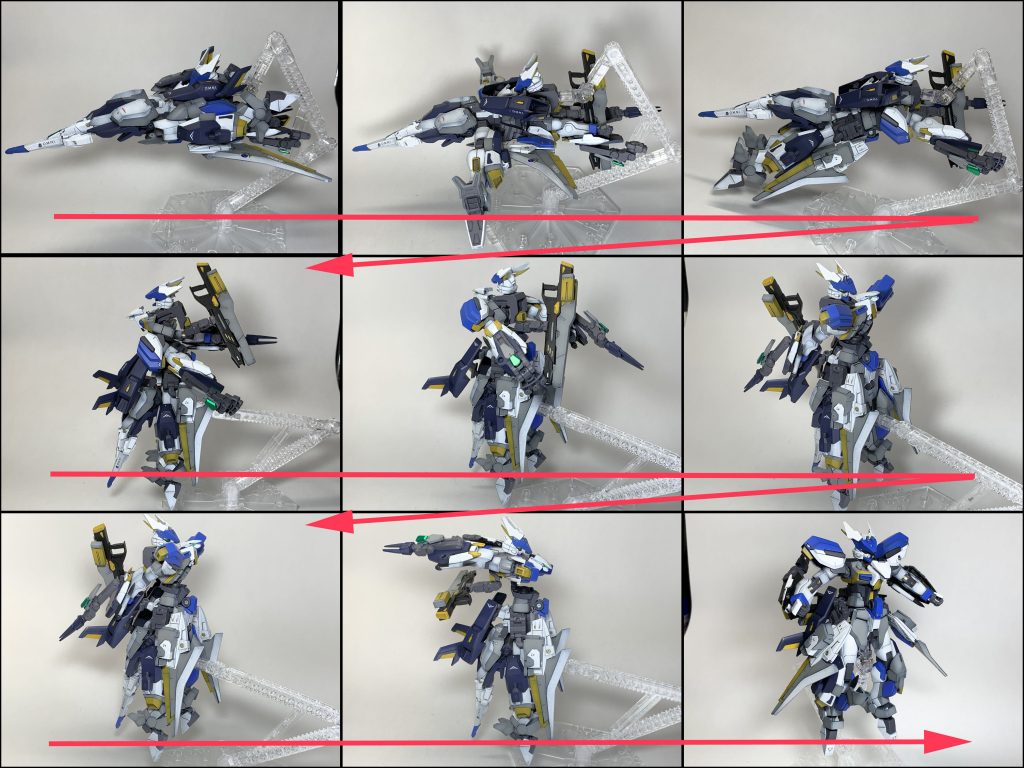 最後に、この機体の変形の流れを画像にまとめてみましたので、雰囲気だけでも感じていただければと思います。(できれば動画やコマ撮りを用意したかったのですが断念。。。)長々と書いてしまいましたが、ここまでお付き合いいただきありがとうございました。以上、可変型ウィンダムこと「ウィンダム・バゼラード」でした。今回は並行したコンペ機や作成済み機体が多数ありますので、近々そちらも投稿させていただきます。