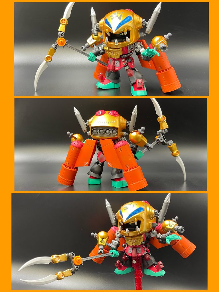 ネガエドワード(金剛ザクレロ聖衣)そして、聖衣装着形態エドケインにザクレロの腕部分がセットされ、大鎌や双槍になるぞ!一見、頭が重そうだが、背中の大型バーニアで見た目以上に素早い動きが可能だ