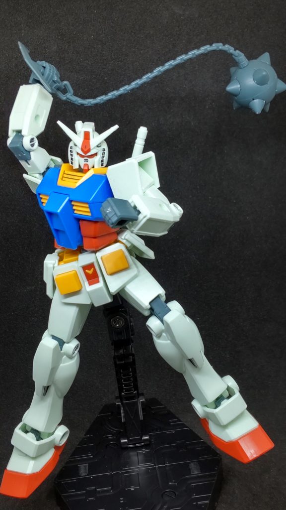 第７１話の名シーン「フルウェポンセットとか言うならハイパーハンマーも付けやがれ」のポーズです。一応トゲトゲがより凶悪になって、スラスターまでついてて加速する凶悪兵器なんだしさ。ゴッグには効かなかったけど。