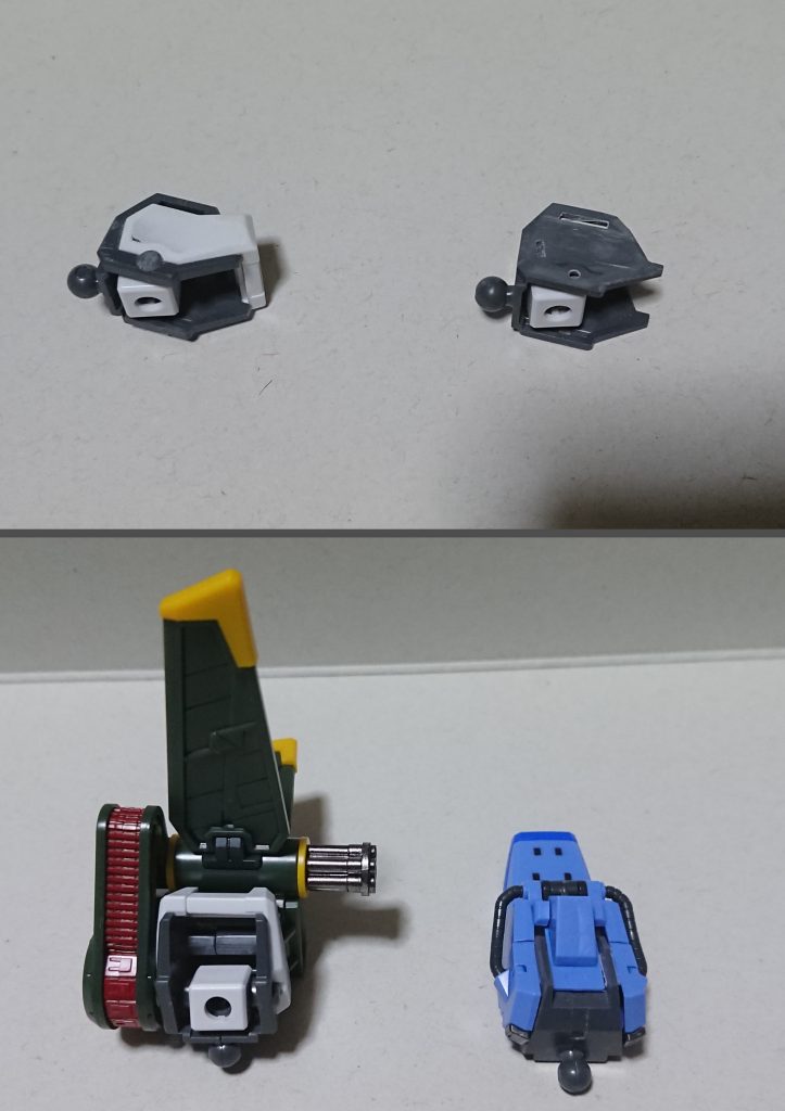 肩アーマーの加工と取り付け。大きさを合わせて接着しており、パック部分のみの脱着不可。取り付けは肩ごと差し換えます。