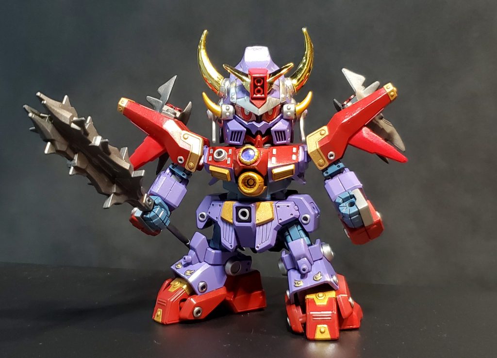 鉄機武者のマークII状態を基本として、旧キットの切り貼り。目は削って広げて斎胡用シールを調整して貼りました。兜が絶望的に難しくてアラが目立つけどなんとか形にできたかなと！