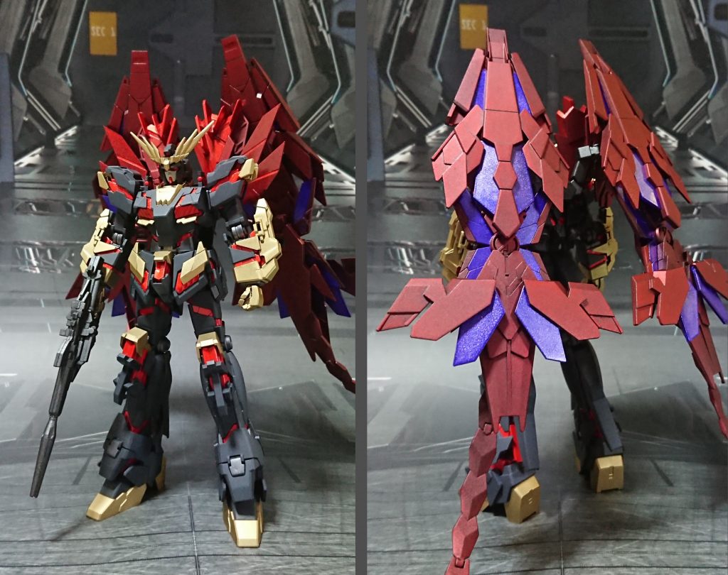 ガンダムRX-0リベリオンフル装備、前と後。ペルフェクティビリティがベースですが、アームド・アーマーBS、VN、ハイパー・ビーム・ジャベリンは使用しません。また、アームド・アーマーXCに取り付けるビームサーベルは固定されないので、″外から見えないように内蔵している″という体で外しています。他、頭部アンテナ、XCの先端、DEの尾羽先端等、何ヵ所か気になったところを削りこんでいます。