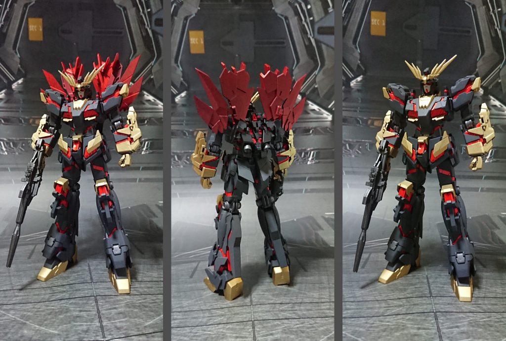 アームド・アーマーDE無しの前・後ろと、XCも外した前。頭部アンテナはフェネクス、襟飾りはバンシィのハイブリッド構成。手首はユニコーンモードから平手、次元ビルドナックルズ(角)から握り拳と平手を追加、握り拳にはユニコーンの手の甲を移植しています。