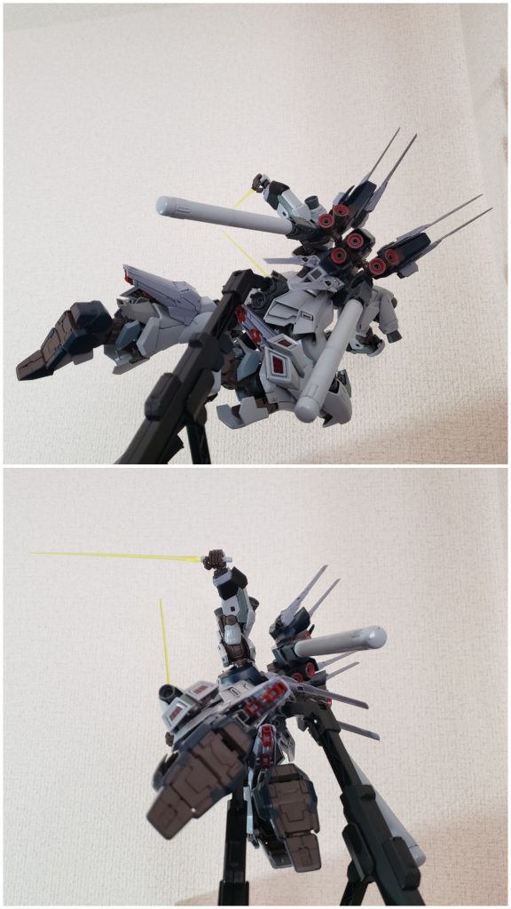 後ろ姿シナンジュスタインのバックパックにプロヴィデンスのサイドアーマー、リアアーマーを接続し、バーニアを追加、プロペラントタンクは取り外し可能脚のふくらはぎにはプロヴィデンスの肩アーマーを接着