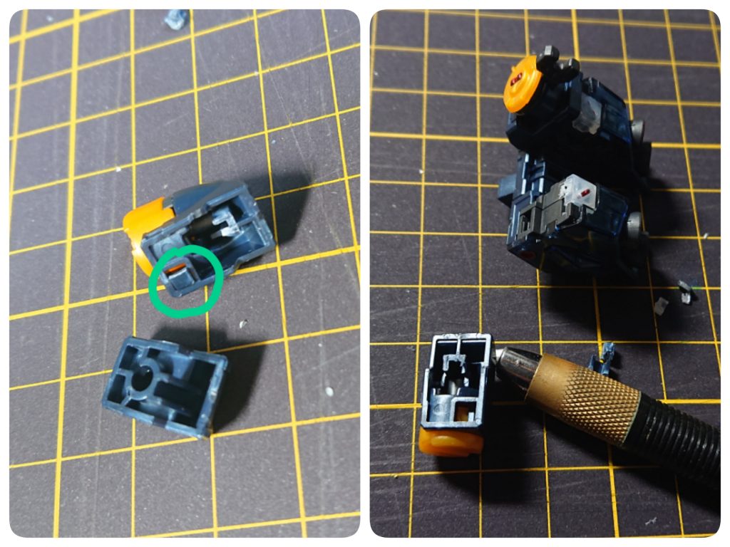 ファンネルラックを右にもってくるのは問題ないのですが、サーベルラックは形状的に無理。なので凸部分を切り落とし、ほんの少し見える隙間に凸部分を加工して穴埋め。そして接着。ちょいと工作してあげれば完璧!