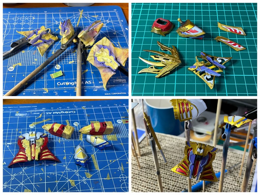 塗装は水性ホビーカラーを主に使用してます。白: ファントムグレー → ガンダムホワイト → ホワイト(ハイライト)、一部リタッチにシタデルカラーCORAX WHITE赤: ガンダムレッド、一部リタッチにシタデルカラーMEPHISTON RED青: ガンダムブルー紫(薄い方): すみれ色紫(濃い方): すみれ色+紫金(本体、鞘): ブラウン → シルバー+光沢クリア+雲母堂本舗AGパール → クリアイエロー+クリアオレンジ少量、一部リタッチにシタデルカラーRETRIBUTOR ARMOUR銀(刀): ミッドナイトブルー → シルバー+光沢クリア+AGパール水色(刀、鞘): 銀の上に光沢クリア+クリアブルー → ルミネのブルー黒(鞘): ミッドナイトブルー本体の金部分以外に、Mr. ウェザリングカラー マルチブラックでスミ入れして、つや消しクリアおまけ信長様と曹操さん