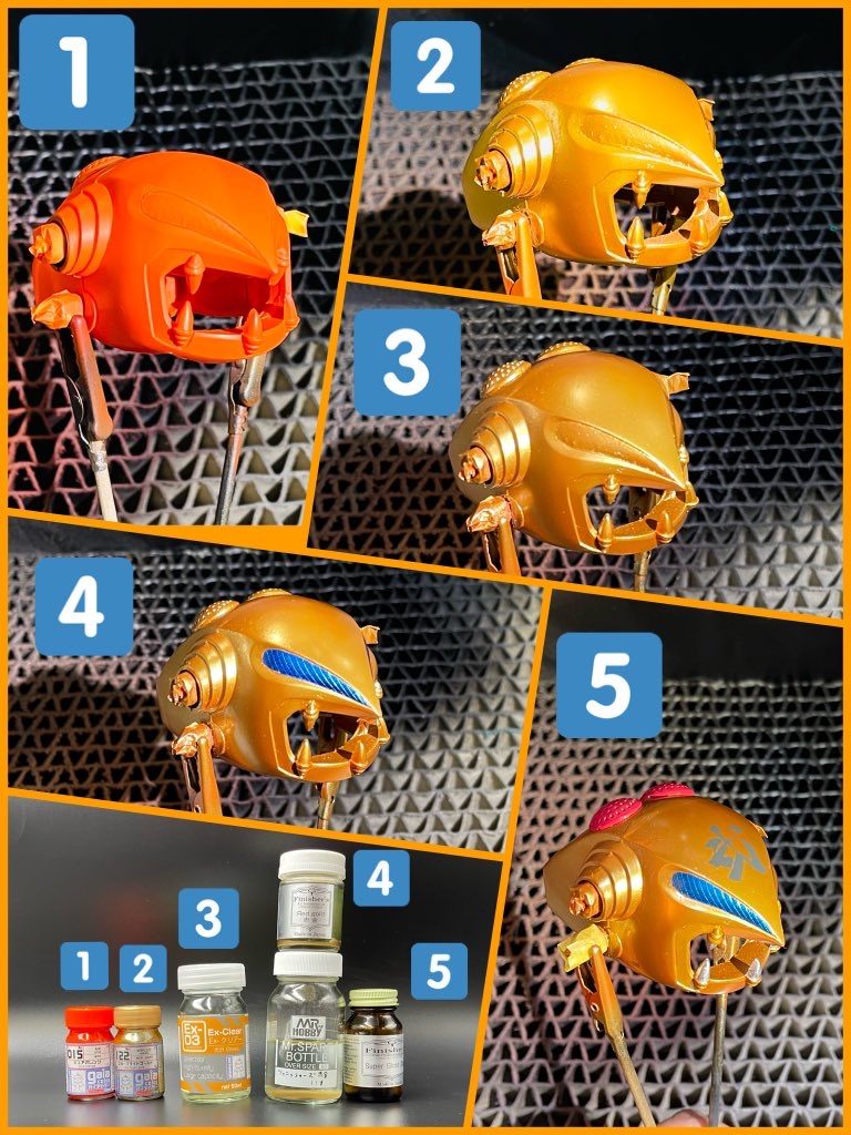 今回は、ホビージャパン11月号に載ってたマイスター関田さんの作例を参考に、ゴールド表現に重点を置いてみました写真だと伝わりづらいと思いますが、非常にキレイな金色になりました