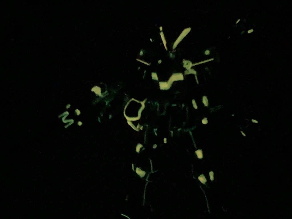 部分塗装の上に夜光塗料を重ねました。コチラは真っ暗の状態。