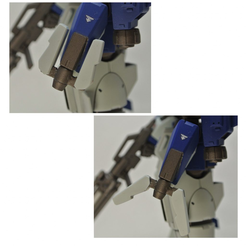 続いて左腕に装備したハンド•アンカー。こちらもアクアジムの武装をクランシェに馴染む様アレンジしました。基部にはクランシェのシールドの赤位部分を加工して使っています。連邦水泳部なら必携の武装ですね。