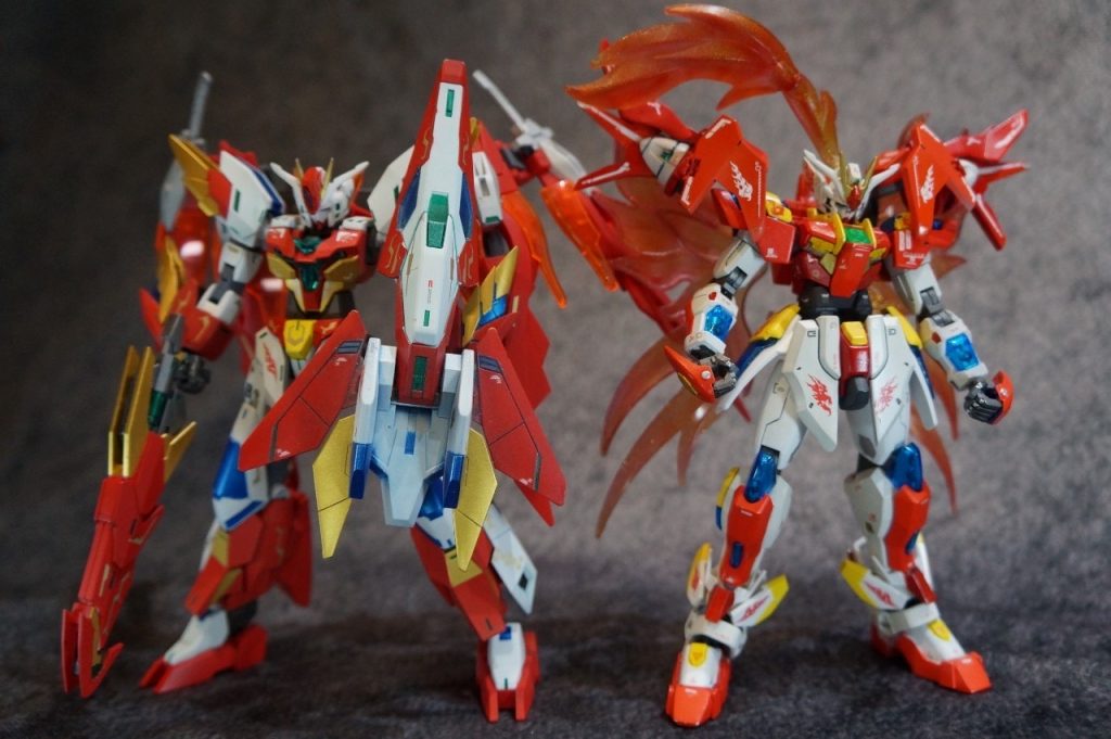 セルフオマージュ元のダブルブレイズガンダムと。GBN内で高ランカーと戦うために作成されている。