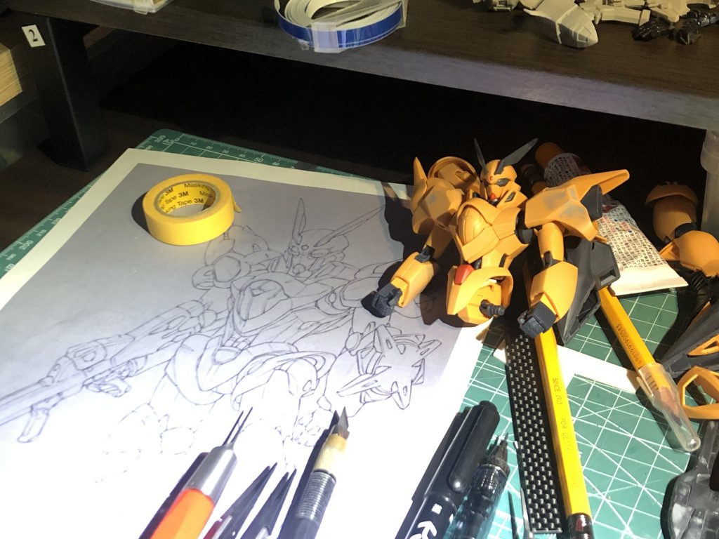 イラストと睨めっこしつつヒケ処理。使うのは愛用のタミヤラッカーパテ。締め切りまでの日程を考えながら改修の取捨選択をします。