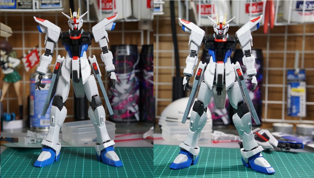 左が素組、右が改造後です。胴体の可動でS字立ちができるように。肩周りの改造で怒り肩になるように。簡単な改造ですが効果あります。