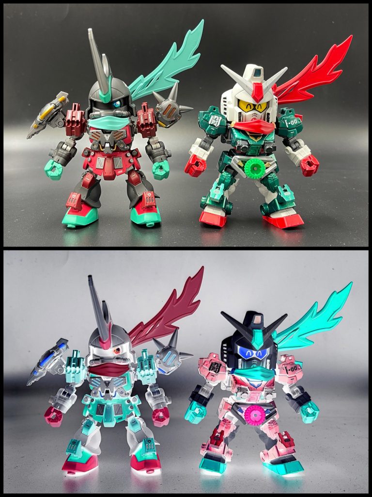 カラーリングについては、製作済みのガンエドワードF-00（右）のネガポジ反転となるような色にしています。各所のパーツ配置や換装ジョイントも同じになるようにしています。