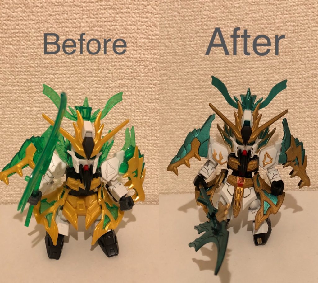 緑のクリアパーツはメタリックに、細かい塗り分けはアクリジョンを筆塗りで仕上げました！