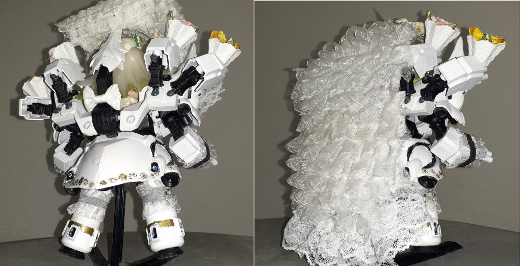 「見えないところにも気を遣う。それが洒落というものだ！」というわけでネロ様なので（？）ヴェールの裏側も見えないのにいろいろ凝ってしまいました。スカート部分の装飾は、レジンアクセサリ用の花柄装飾を張っています。腰のリボンはまんま髪留めアクセサリのゴムを巻き付けているだけです。