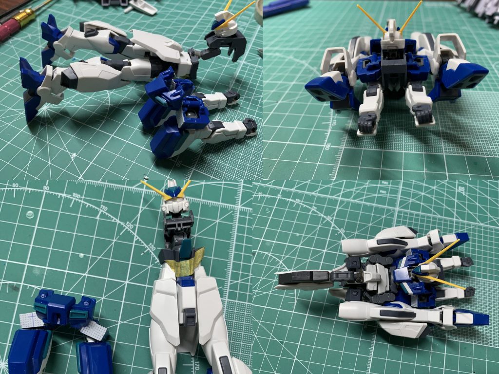 製作途中。変形機構自体はゼータ系やVF25メサイア、エクリプスガンダムなどを参考に、ストライカーパックを装着したまま変形可能な構造を考え、現在の形になりました。かなりの数のMSGを仕込んでますが、基本的にはウィンダムのキットそのままだったりします。