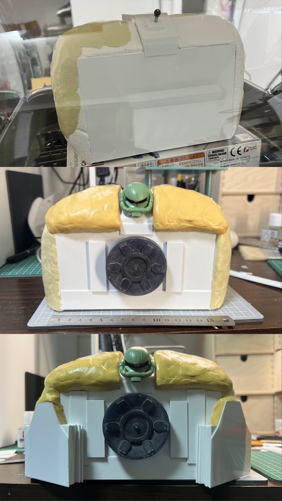 スタイロフォームの保護の為にジェッソを塗りました(もしかしたら不要だったかもしれません)その上にエポパテを薄く伸ばしてコーティングしました。全体のコーティングが終わったので肩周りにエポパテを盛ってボリュームを付けています。メガ粒子砲を3Dプリンターで出力して試し貼りしています。アプサラス感が出てきました。足接続部を3Dプリンターで4つ出力しました、この時に足のパーツもセットで出力しましたが、太過ぎでボツにしました。足接続部を本体に取り付ける為にプラ板をカットして接着隙間をプラ板とパテで埋めました。(めっちゃ雑ですw)