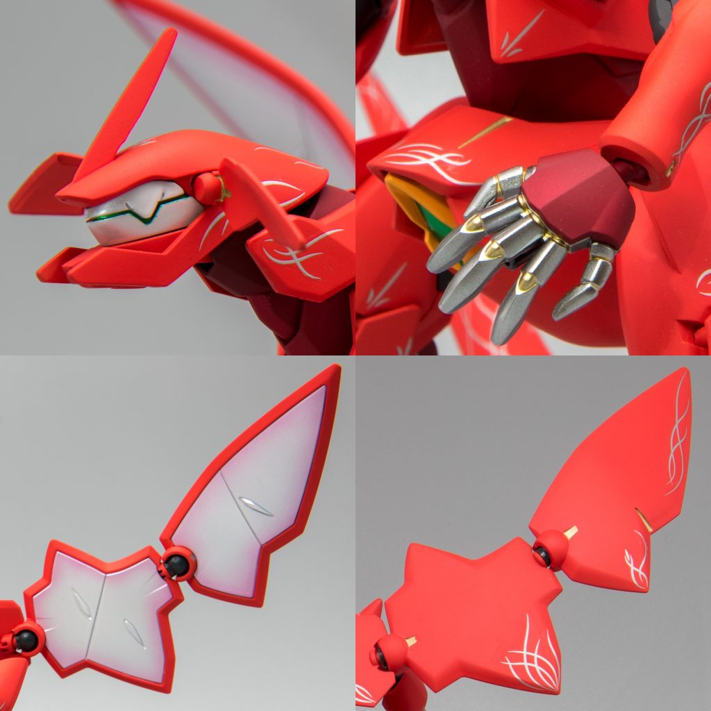 細部アップ。マスク部分は全体に白下地にパール、カメラ部分をメタリックグリーンとクリアグリーンでキャンディ塗装しています。指は全体をシルバーで塗装後、4アーティストマーカーを使ってゴールド筆塗り。翼は白パールで塗ったあとクリアピンクで軽くグラデーションかけてます。