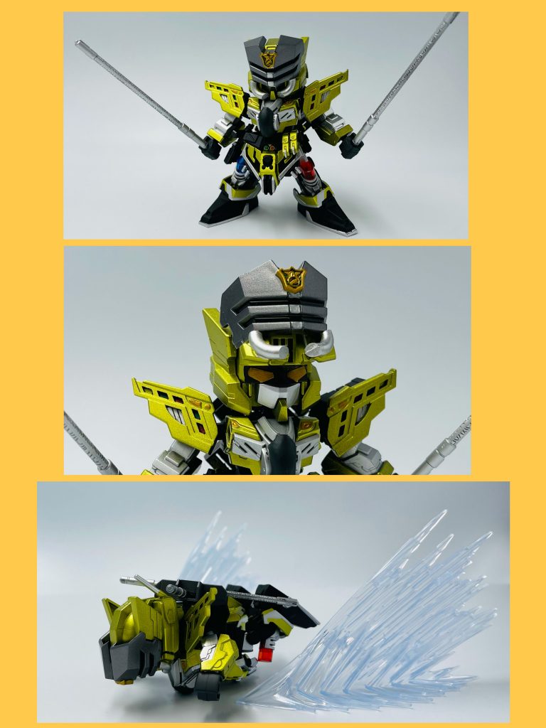 続いて、バイクル隊員胸にパテなどで特徴的なタイヤを作成、背中に2本のバイスピアをさせるように、三国伝劉備の背中のパーツを使用しています印象的な胸のタイヤで爆走!