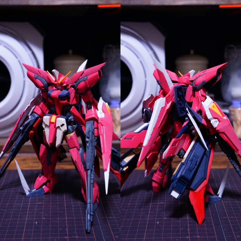 主な工作。サイドアーマーに追加したウイングはZガンダムのものを流用し、プラ板やジャンクパーツで接続、稼働出来るようにスクラッチしました。脚部は伸ばした状態で固定しているので、それに合わせフロントアーマーを交換、太腿外装を延長し腰周りの違和感を無くしました。