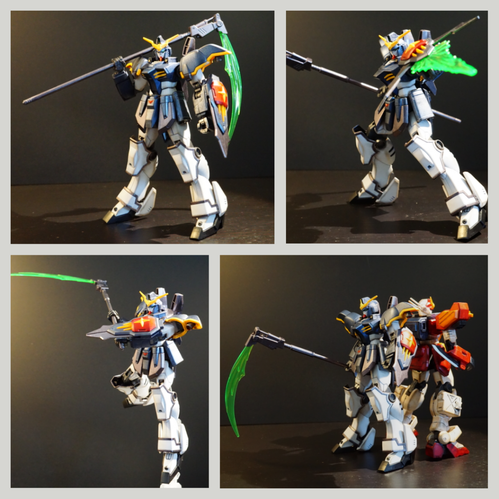 こちらがベース機のデスサイズです。エアブラシ初挑戦だったのですが、ムラから解放されたのは本当に嬉しかったです。死神モチーフということもあってヘビーアームズよりウェザリングは控え目にしつつ、脚部の縁取りは少しアレンジしてみました。